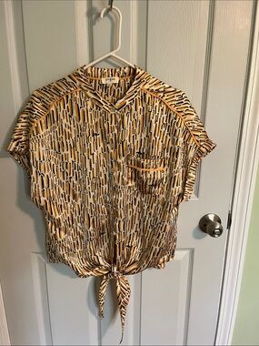 Umgee Yellow, Black & White Short Sleeve Tie-Front Button Shirt